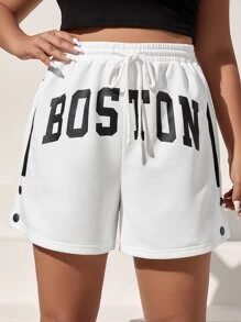 SHEIN EZwear Plus Letter Graphic Button Detail Drawstring Waist Shorts - White - View 4