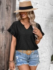 SHEIN LUNE Eyelet Embroidery Notched Neckline Flounce Sleeve Tee - Black - View 3