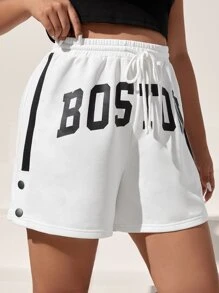 SHEIN EZwear Plus Letter Graphic Button Detail Drawstring Waist Shorts - White - View 5
