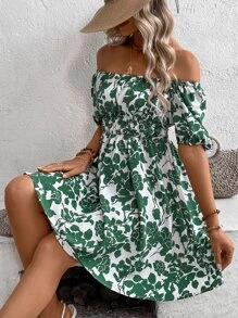 Breezaya 满身花卉印花露肩泡泡袖连衣裙度假海滩装女装 - 綠色 - 查看 6