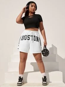 SHEIN EZwear Plus Letter Graphic Button Detail Drawstring Waist Shorts - White - View 6
