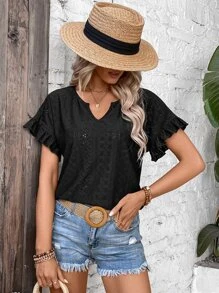 SHEIN LUNE Eyelet Embroidery Notched Neckline Flounce Sleeve Tee - Black - View 5
