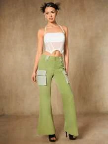 SHEIN ICON Contrast Mesh Asymmetrical Hem Halter Top - White - View 3