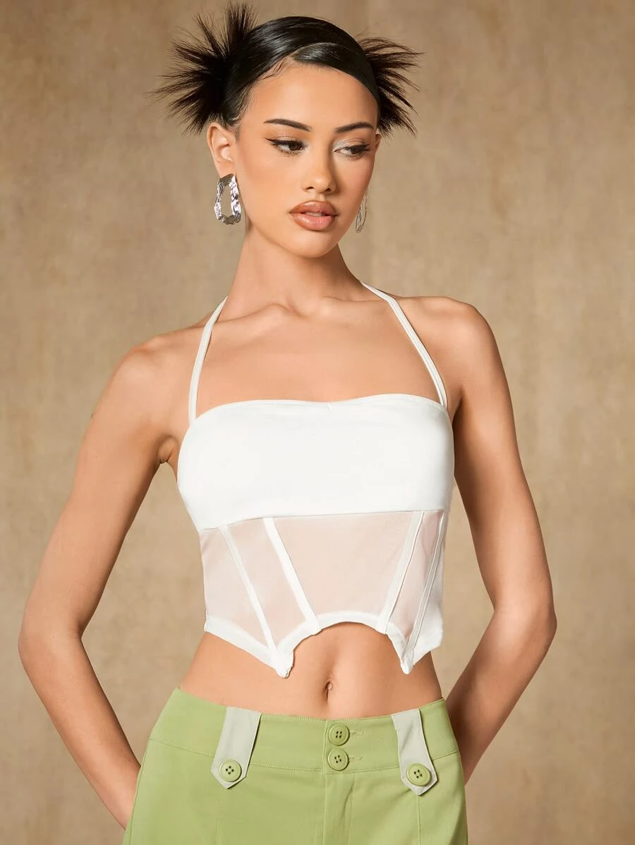 SHEIN ICON Contrast Mesh Asymmetrical Hem Halter Top - White - View 1