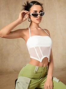 SHEIN ICON Contrast Mesh Asymmetrical Hem Halter Top - White - View 4