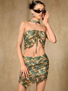SHEIN ICON Allover Print Halter Top & Ruched Asymmetrical Hem Skirt - Multicolor - View 5