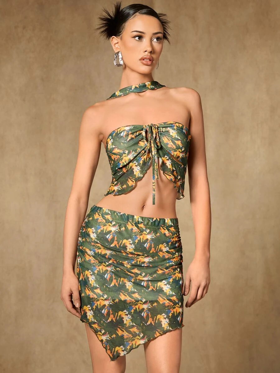 SHEIN ICON Allover Print Halter Top & Ruched Asymmetrical Hem Skirt - Multicolor - View 1