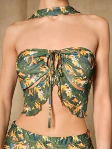 SHEIN ICON Allover Print Halter Top & Ruched Asymmetrical Hem Skirt - Multicolor - View 2