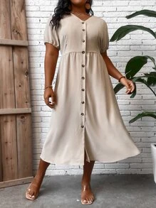 SHEIN LUNE Đầm Plus Size Nút phía trước màu trơn Giải trí - Màu be - Xem 1
