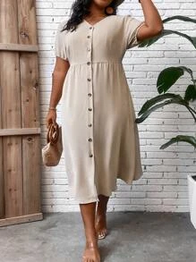 SHEIN LUNE Đầm Plus Size Nút phía trước màu trơn Giải trí - Màu be - Xem 3