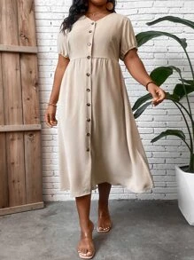 SHEIN LUNE Đầm Plus Size Nút phía trước màu trơn Giải trí - Màu be - Xem 4