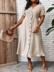SHEIN LUNE Đầm Plus Size Nút phía trước màu trơn Giải trí - Màu be - Xem 5