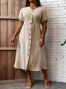 SHEIN LUNE Đầm Plus Size Nút phía trước màu trơn Giải trí - Màu be - Xem 6