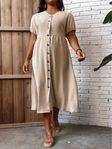 SHEIN LUNE Đầm Plus Size Nút phía trước màu trơn Giải trí - Màu be - Xem 7