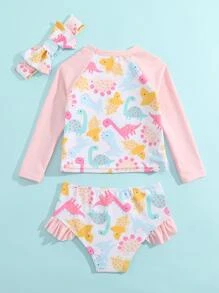 年轻女孩卡通图案荷叶边分体泳衣及配件头带夏季海滩