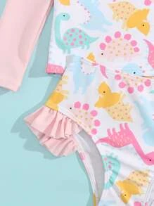 年轻女孩卡通图案荷叶边分体泳衣及配件头带夏季海滩