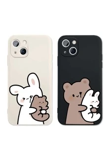Cute 2pcs Couple Cartoon Rabbit & Bear Pattern Phone Case Compatible With IPhone15/15Plus/15Pro/15Promax,International Version, Not The Domestic Version - Multicolor - View 1