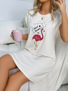 火烈鳥和字母圖案蝙蝠袖睡裙