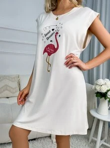 火烈鳥和字母圖案蝙蝠袖睡裙