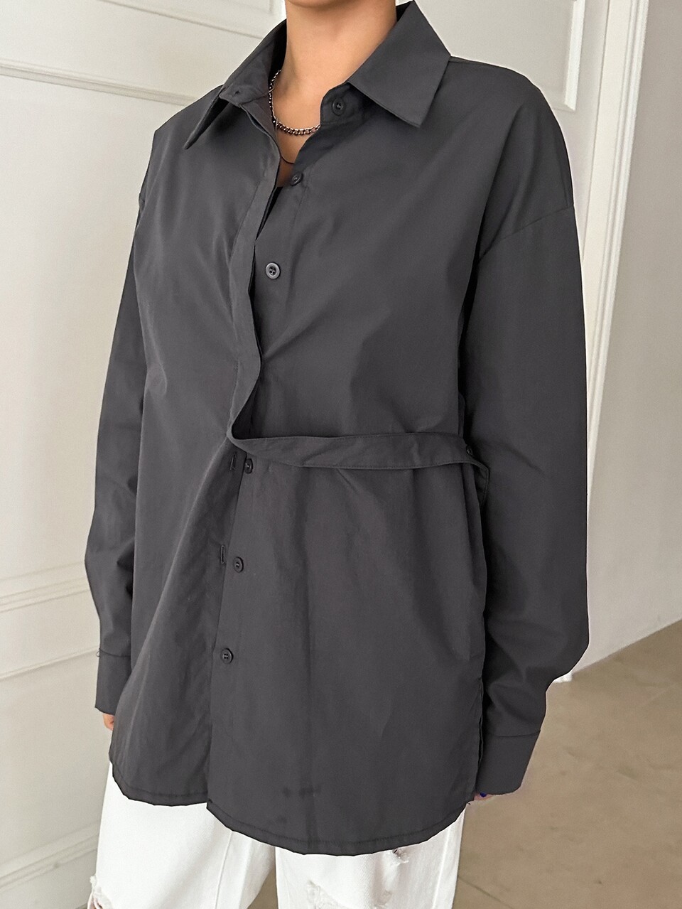 Solid Button Front Drop Shoulder Shirt