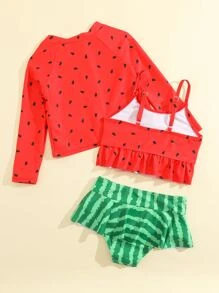 Young Girl Watermelon Print Ruffle Hem Bikini Set With Zipper Up Top Summer Beach - Multicolor - View 2