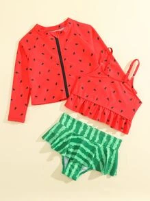 Young Girl Watermelon Print Ruffle Hem Bikini Set With Zipper Up Top Summer Beach - Multicolor - View 3
