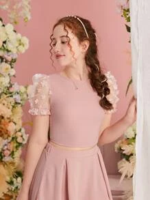 SHEIN Teen Girls Appliques Mesh Puff Sleeve Button Back Tee - Dusty Pink - View 1