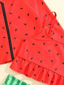Young Girl Watermelon Print Ruffle Hem Bikini Set With Zipper Up Top Summer Beach - Multicolor - View 4