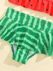 Young Girl Watermelon Print Ruffle Hem Bikini Set With Zipper Up Top Summer Beach - Multicolor - View 5