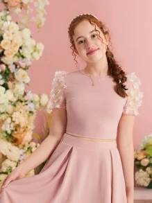 SHEIN Teen Girls Appliques Mesh Puff Sleeve Button Back Tee - Dusty Pink - View 2