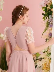 SHEIN Teen Girls Appliques Mesh Puff Sleeve Button Back Tee - Dusty Pink - View 3