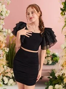 SHEIN Teen Girls Ruffle Trim Crop Top & Ruched Skirt - Black - View 1