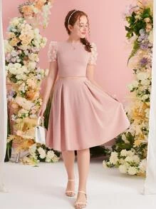 SHEIN Teen Girls Appliques Mesh Puff Sleeve Button Back Tee - Dusty Pink - View 4