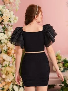 SHEIN Teen Girls Ruffle Trim Crop Top & Ruched Skirt - Black - View 2