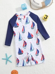 男嬰卡通帆船和海鷗印花插肩袖連體泳衣 - 藍白色 - 查看 1