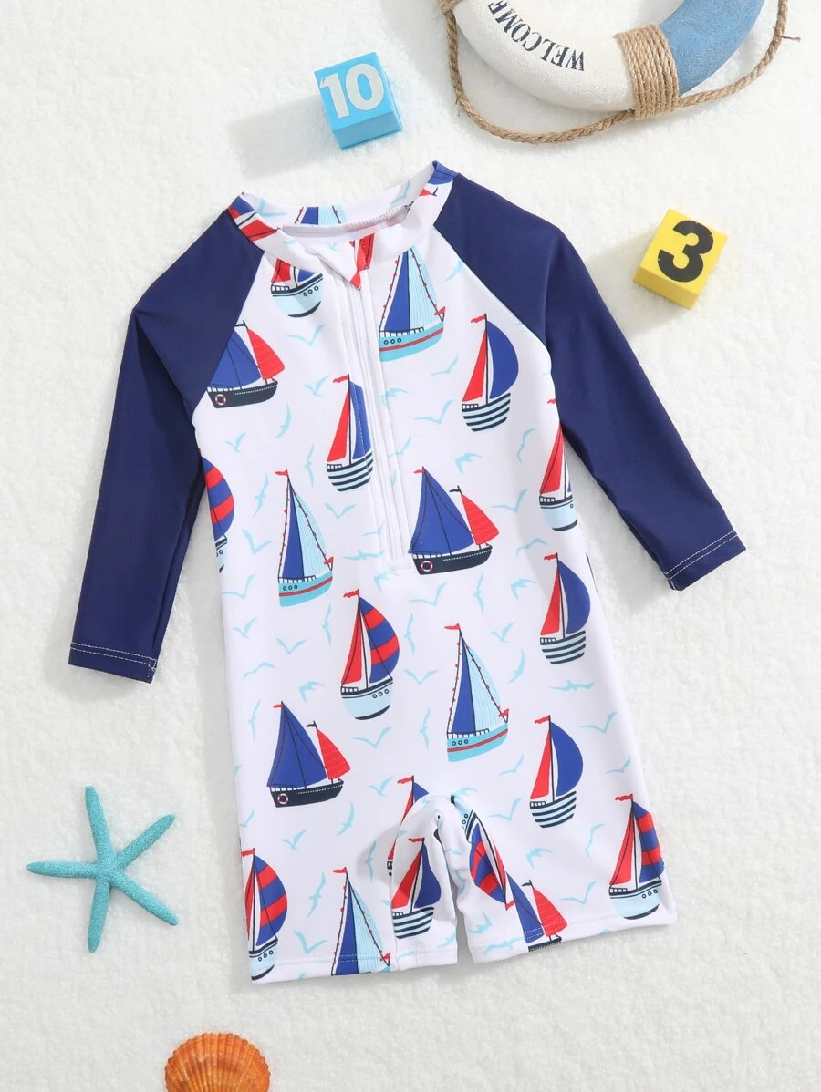 男嬰卡通帆船和海鷗印花插肩袖連體泳衣 - 藍白色 - 查看 1