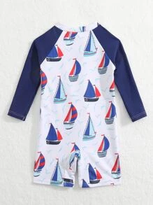 男嬰卡通帆船和海鷗印花插肩袖連體泳衣 - 藍白色 - 查看 2