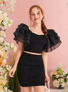 SHEIN Teen Girls Ruffle Trim Crop Top & Ruched Skirt - Black - View 3