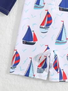 男嬰卡通帆船和海鷗印花插肩袖連體泳衣 - 藍白色 - 查看 3