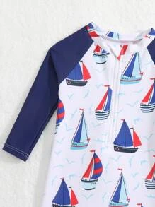男嬰卡通帆船和海鷗印花插肩袖連體泳衣 - 藍白色 - 查看 4