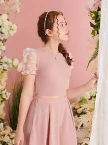 SHEIN Teen Girls Appliques Mesh Puff Sleeve Button Back Tee - Dusty Pink - View 5