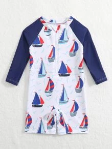 男嬰卡通帆船和海鷗印花插肩袖連體泳衣 - 藍白色 - 查看 5