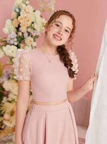 SHEIN Teen Girls Appliques Mesh Puff Sleeve Button Back Tee - Dusty Pink - View 6