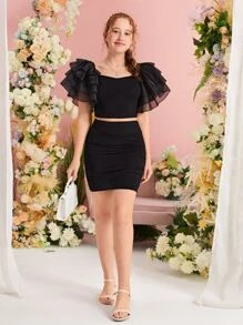 SHEIN Teen Girls Ruffle Trim Crop Top & Ruched Skirt - Black - View 4