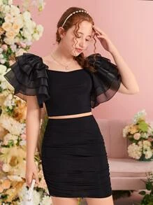 SHEIN Teen Girls Ruffle Trim Crop Top & Ruched Skirt - Black - View 5