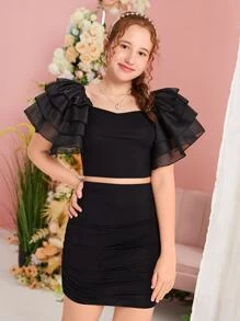 SHEIN Teen Girls Ruffle Trim Crop Top & Ruched Skirt - Black - View 6