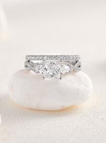 AIHUASI مجموعة خواتم زفاف من الفضة الإسترليني 925 عبارة عن قطعتين للنساء بحجر الزيركونيا عالية الجودة بقطعة 0.8 قيراط بقطع الألماس بتصميم الأميرة بمقاس 6 * 6 مم، مجوهرات رومانسية هدية عيد الحب