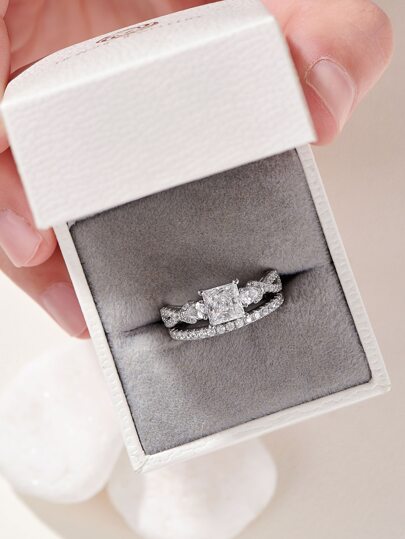 AIHUASI 2pcs/Set 925 Sterling Silver Glamorous Wedding Rings Set For Women 6*6mm 0.8 Ct Princess Cut Pear Associated Stones High Grade Cubic Zirconia Engagement Rings Romantic Jewelry Valentines Gift