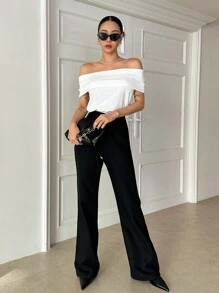 DAZY Áo thun dệt kim gân sọc, trễ vai, gập vạt, thích hợp mặc đi chơi cho nữ. - trắng - Xem 5