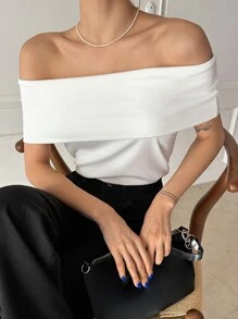 DAZY Áo thun dệt kim gân sọc, trễ vai, gập vạt, thích hợp mặc đi chơi cho nữ. - trắng - Xem 8